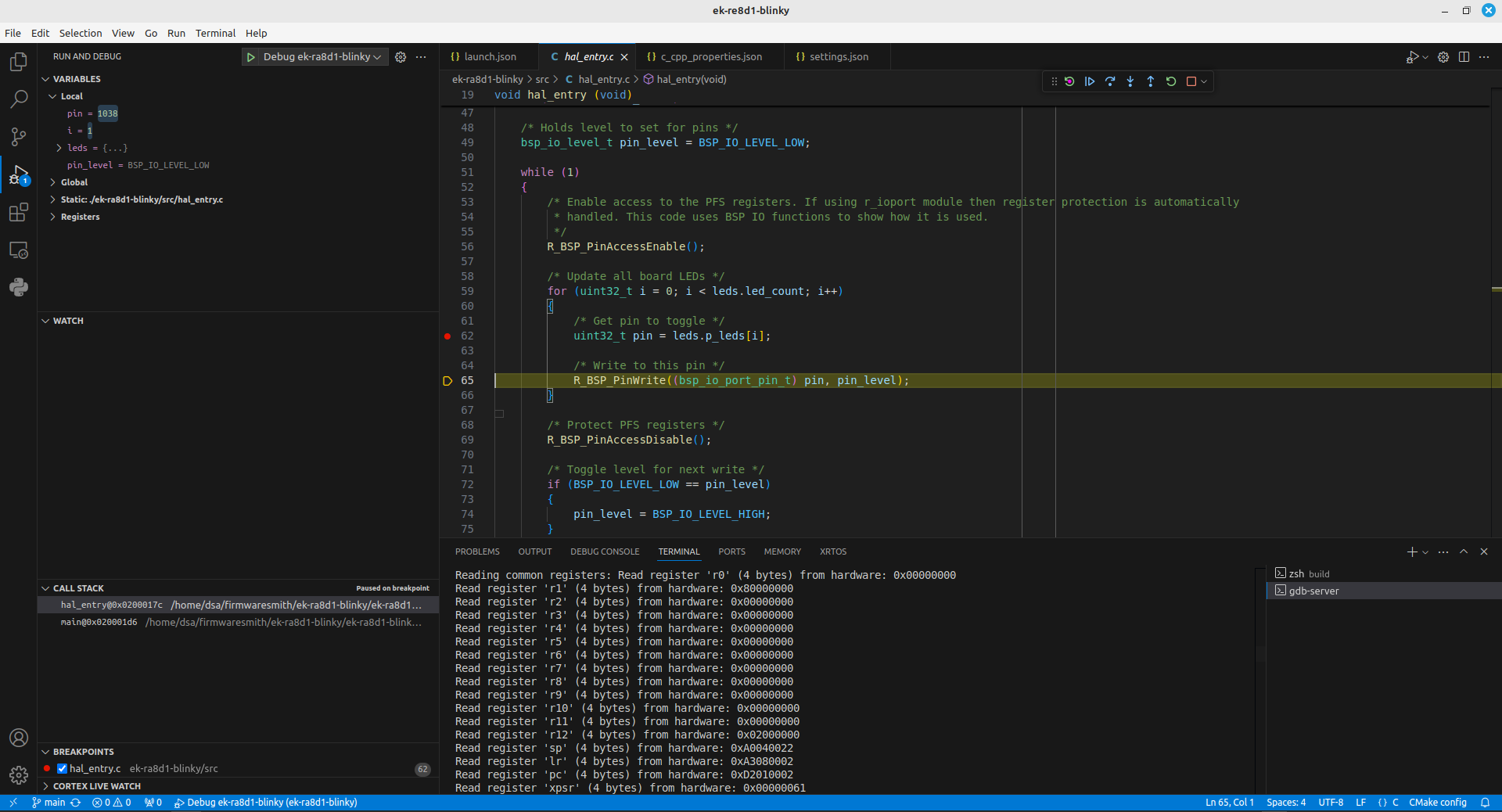 EK-RA8D1 blinky example VSCode debug perspective